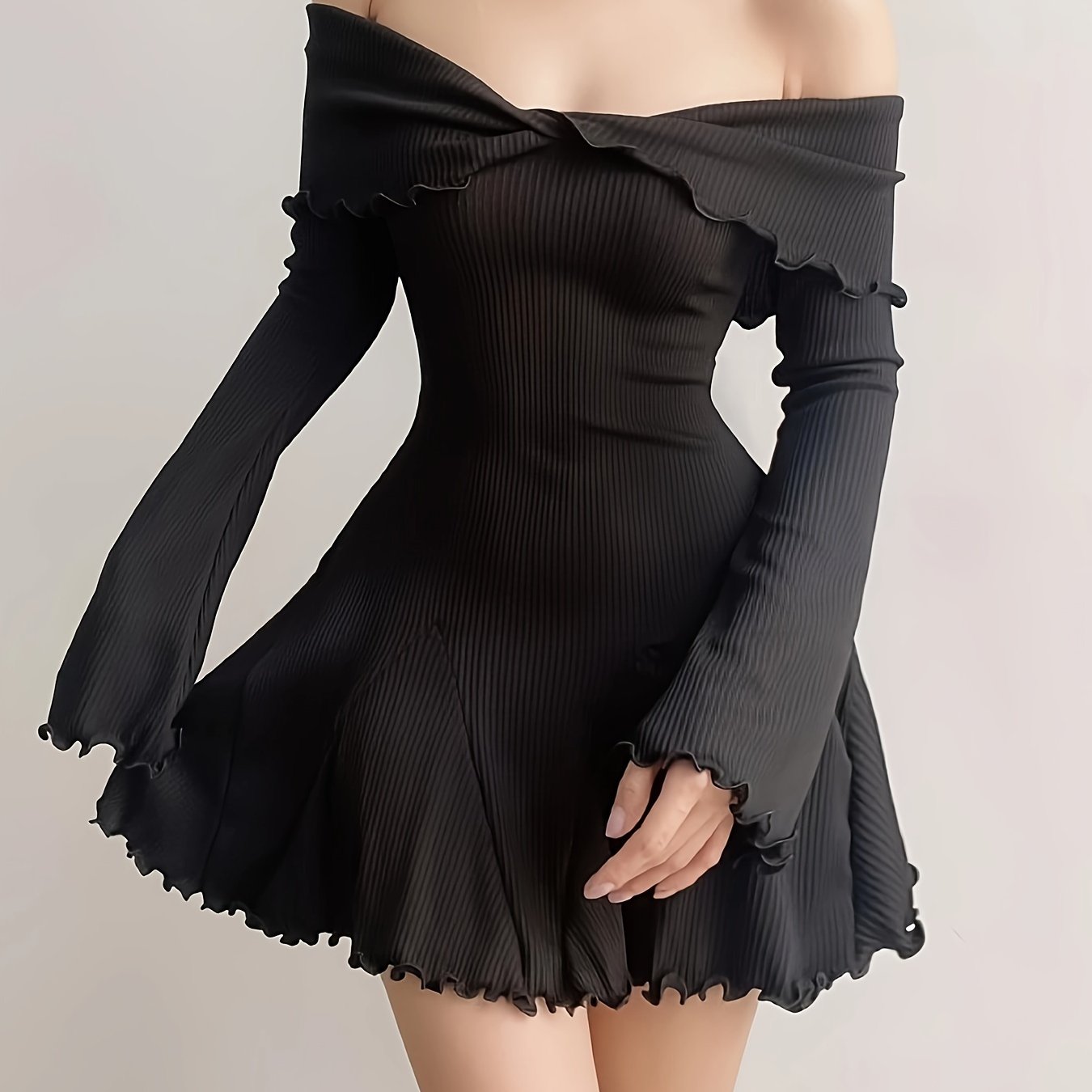 xieyinshe  Twist Front Off Shoulder Mini Dress, Elegant Long Sleeve A-line Dress, Women's Clothing