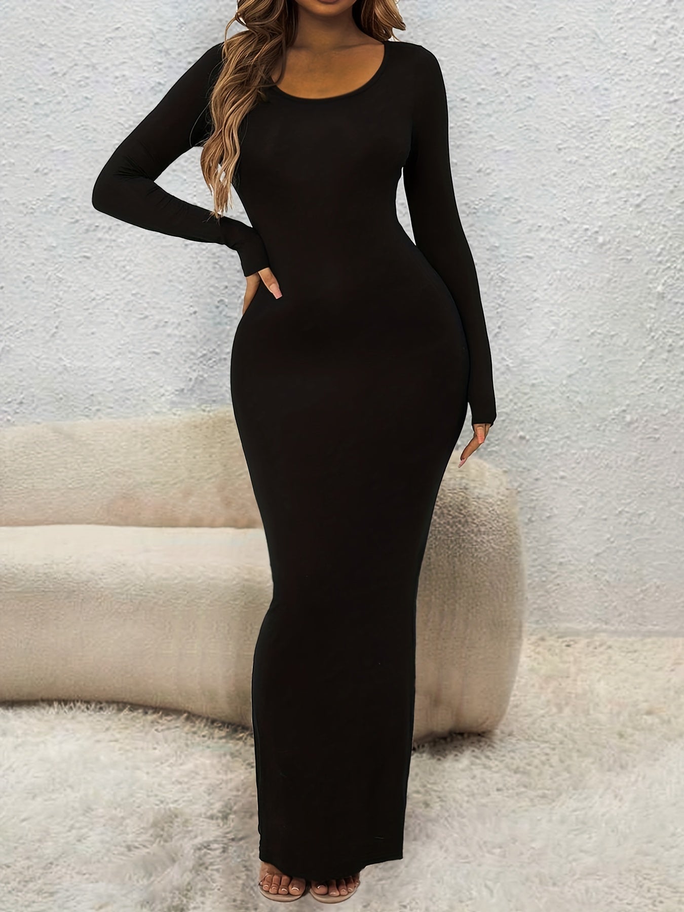 Simple Solid Lounge Dresses, Long Sleeve Crew Neck Slim Fit Home Dress, Women's Loungewear & Dresses