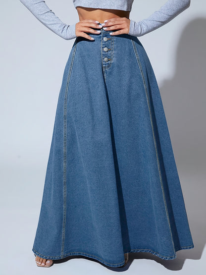 xieyinshe  Single-breasted Button Denim Midi Skirt, High Waist A-line Vintage Elegant Denim Skirts, Women's Denim Clothing