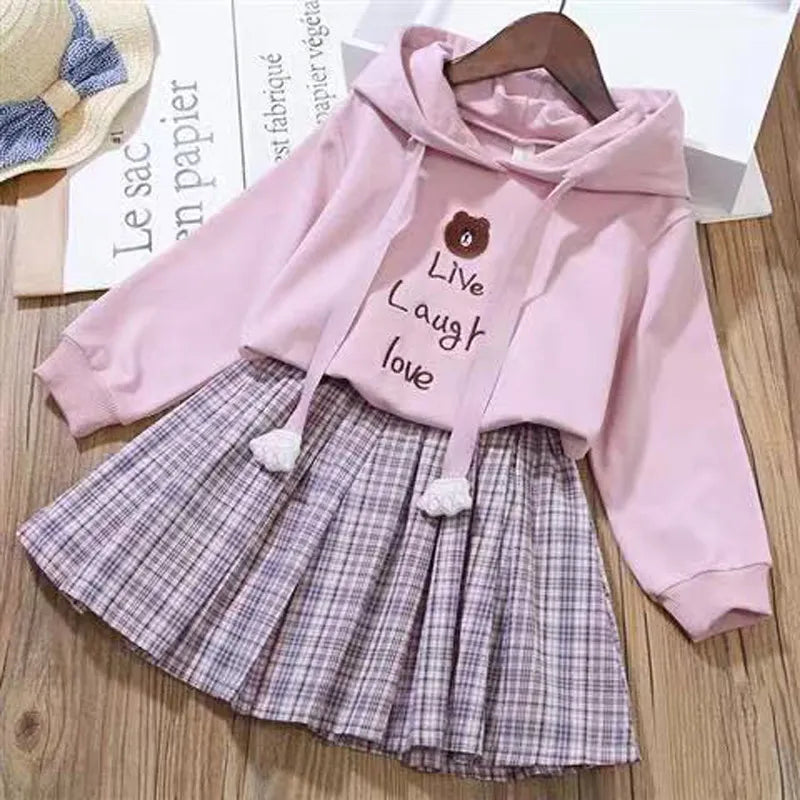 Girl's Dresses Children's Clothing Suits Spring Autumn Girls Plaid Skirt Suits Dress Long-Sleeved Sweater Suits Fashion Sweet 2 Piece Clothing