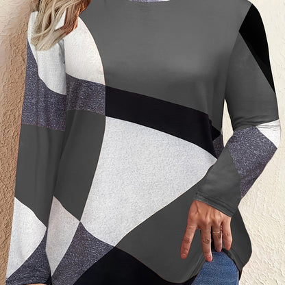 Plus Size Colorblock Long Sleeve T-shirt, Women's Plus Casual Round Neck Medium Stretch Tee