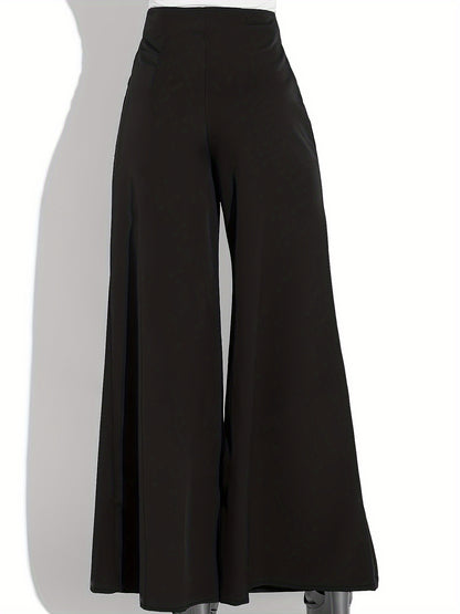 xieyinshe  Women's Casual Pants, Plus Size Solid Zipper High Rise Split Hem Wide Leg Trousers