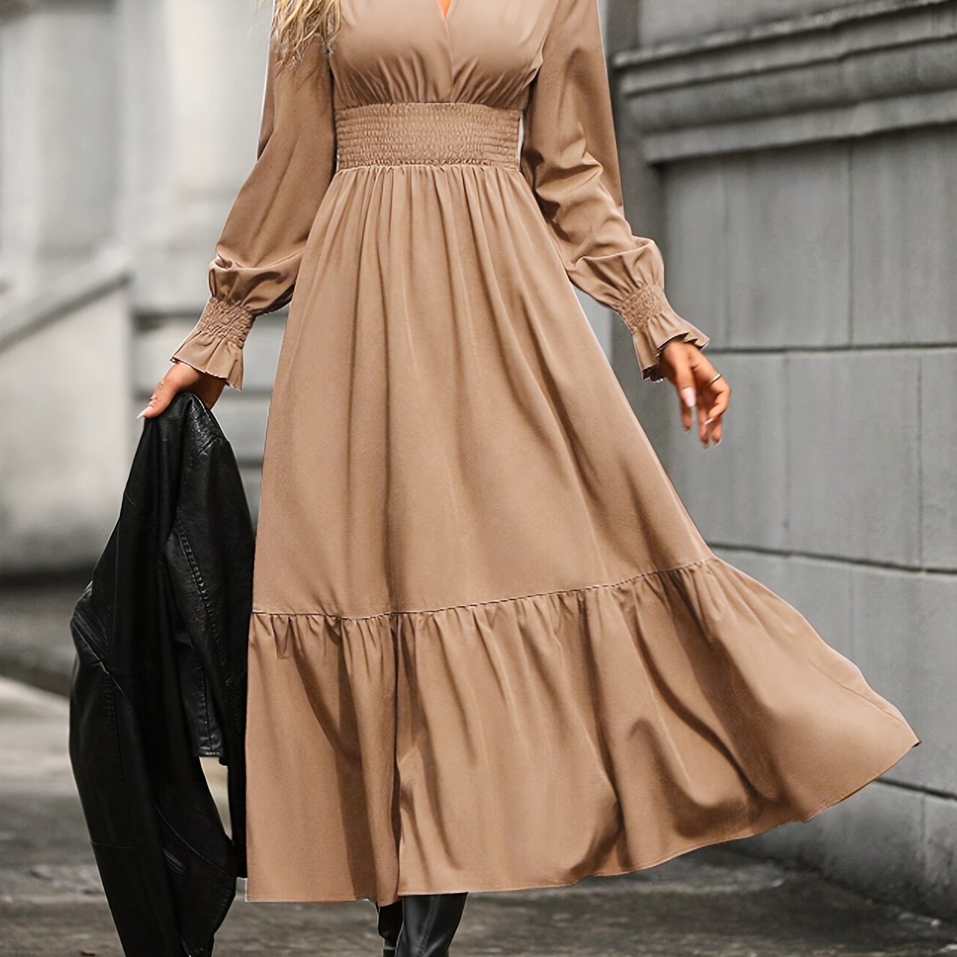 xieyinshe  Shirred High Waist Solid Dress, Elegant V Neck Long Sleeve Dress, Women's Clothing