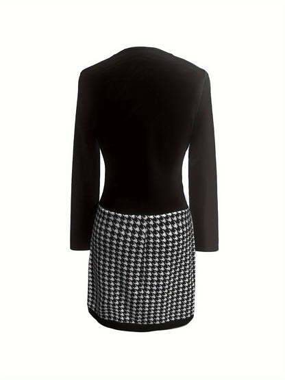 Houndstooth Print V Neck Dress, Casual Long Sleeve Slim Dress, Women's Clothing