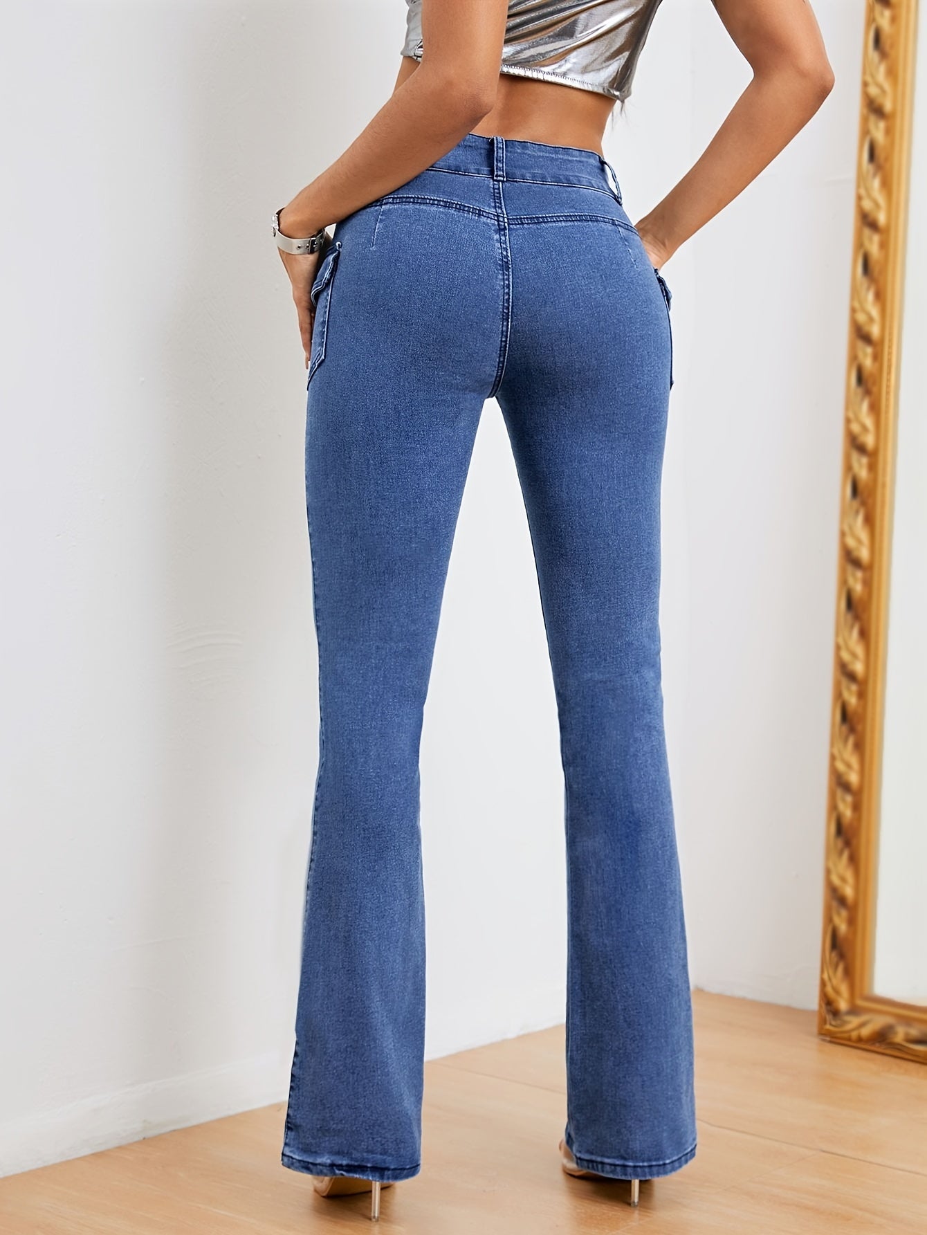 xieyinshe  Plain Flap Pockets Cargo Flare Jeans, High Stretch Mid Waist Bell Bottom Jeans, Women's Denim Jeans & Clothing