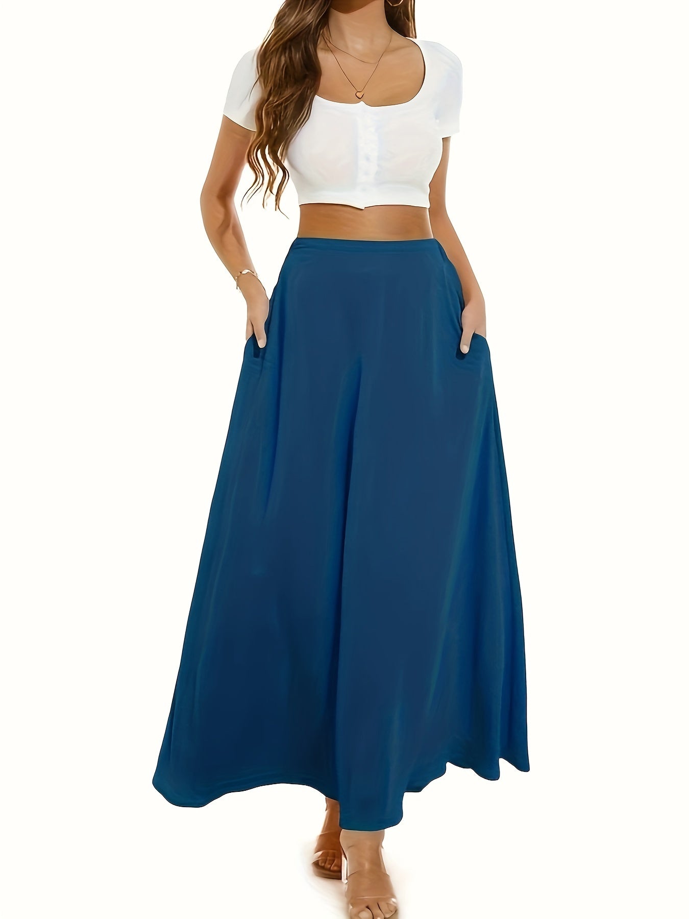 xieyinshe  High Waist Pleated Skirts, Casual Zipper Solid Maxi Skirts, Women's Clothing