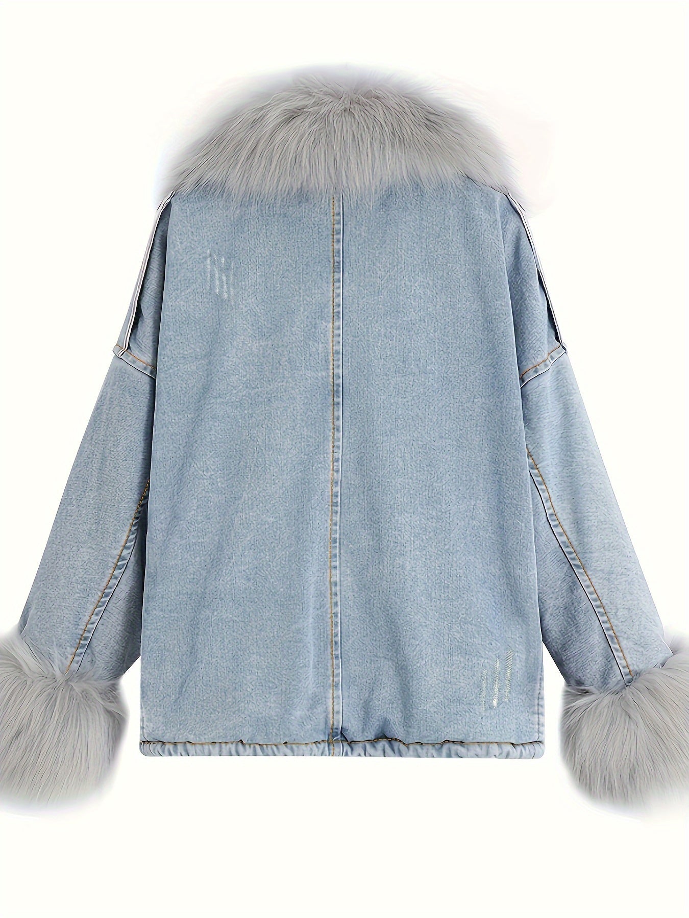 Fluffy Plush Collar & Cuffs Winter Warm Fur Fleece Coat, Extra Large Square Pockets Drawstring Hem Denim Jacket, Women's Denim Jackets