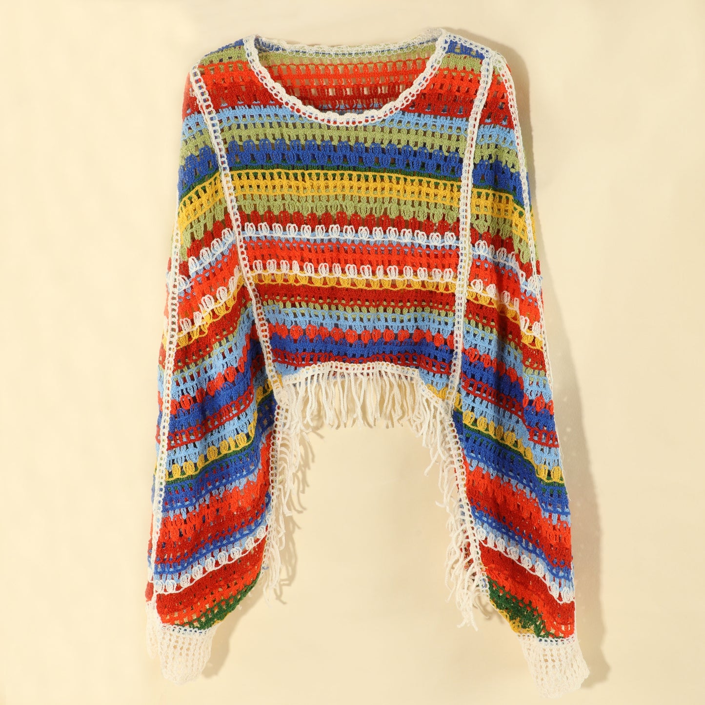 xieyinshe  Colorful Hollow Out Shawl Personality Round Neck Tassel Long Sleeves Knitted Shawl Casual Daily Travel Decoration Coat