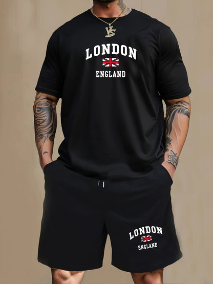 2 Pcs Men's Pajama Sets, LONDON ENGLAND British Flag Print Short Sleeve T-shirts & Shorts, Comfortable & Gentle Style Pajamas For Men's Summer Cozy Loungewear