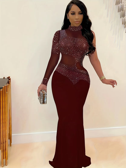 Solid Rhinestone Party Dresses, Mesh Sexy Slim Dress Evening Dress, Women's Clothing