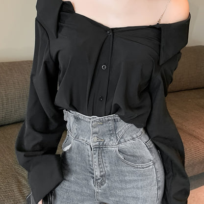 xieyinshe  Solid Off Shoulder Button Front Blouse, Casual Long Sleeve Blouse For Spring & Fall, Women's Clothing