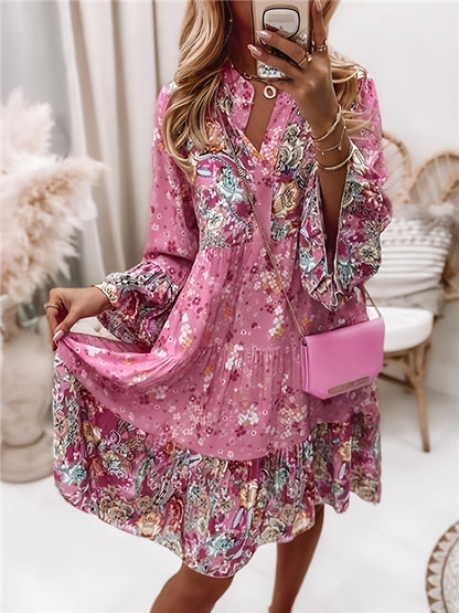 xieyinshe  Floral Print Ruffle Hem Dress, Boho Holiday Long Sleeve V-neck Dress, Women's Clothing