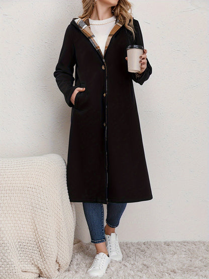 xieyinshe  Plus Size Elegant Coat, Women's Plus Colorblock Plaid Print Button Up Long Sleeve Hoodie Longline Woolen Coat