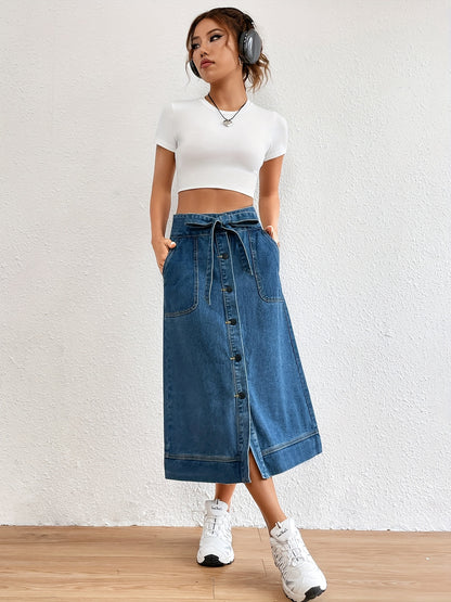 Blue Single Breasted Button Denim Midi Skirt, Non-Stretch Slant Pockets With Waistband Denim Skirt, Women's Denim Clothing