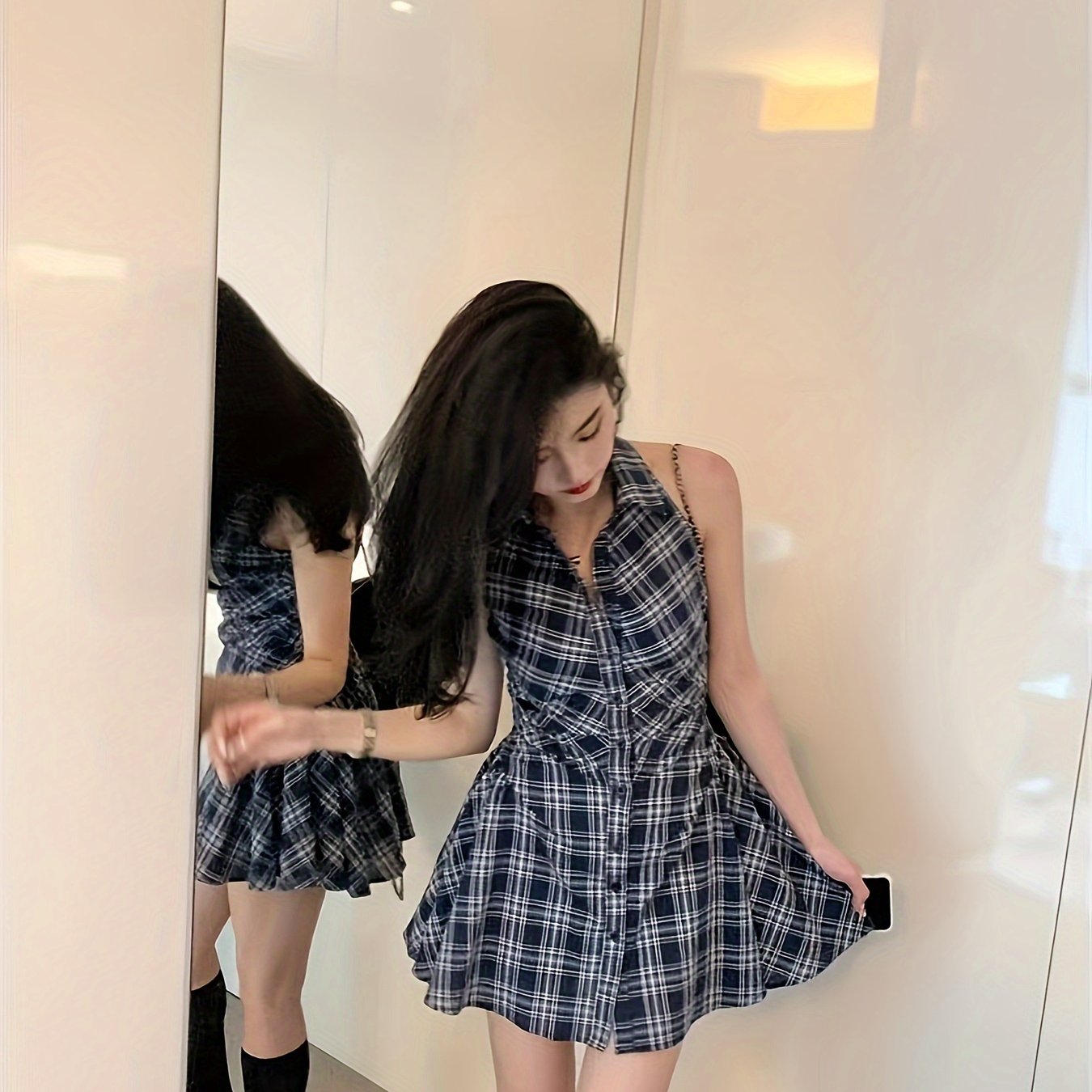 xieyinshe  Plaid Print Matching Two-piece Set, Button Front Sleeveless Lapel Dress & Elastic Waist Loose Shorts Outfits, Women's Clothing