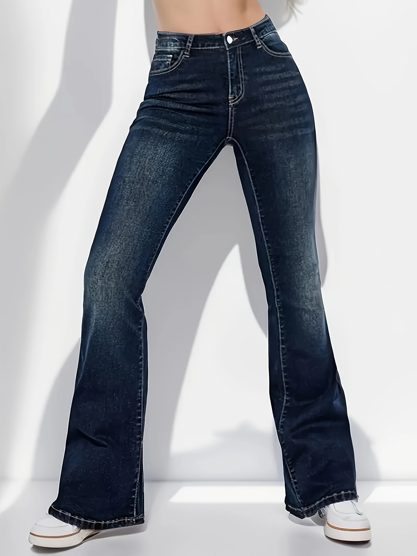 xieyinshe  Plain Whiskering Flare Leg Jeans, High Stretch Slash Pocket Elegant Denim Pants, Women's Denim Jeans & Clothing