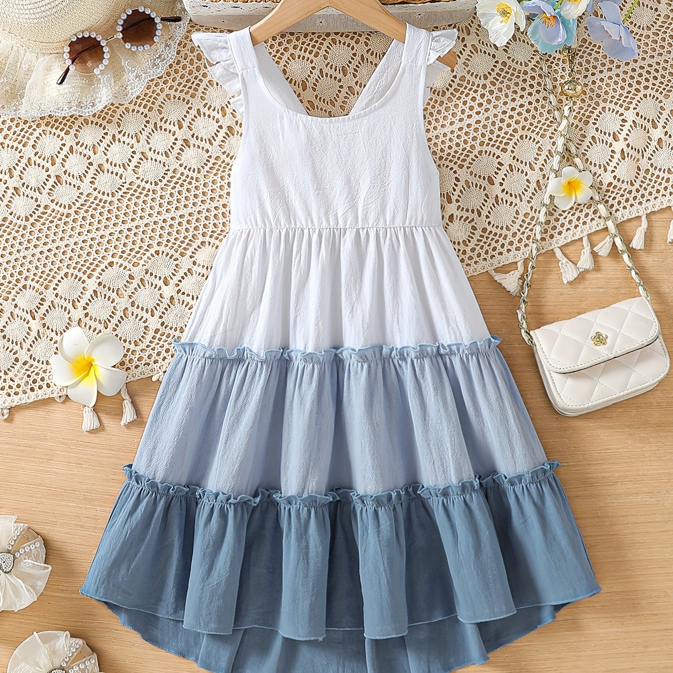 100% Cotton Little Princess Sleeveless Color Block Ruffle Trim Dress - Soft, Breathable, Regular Fit, Perfect for Summer Holiday Party and Outdoor Play - Girls Casual Wear