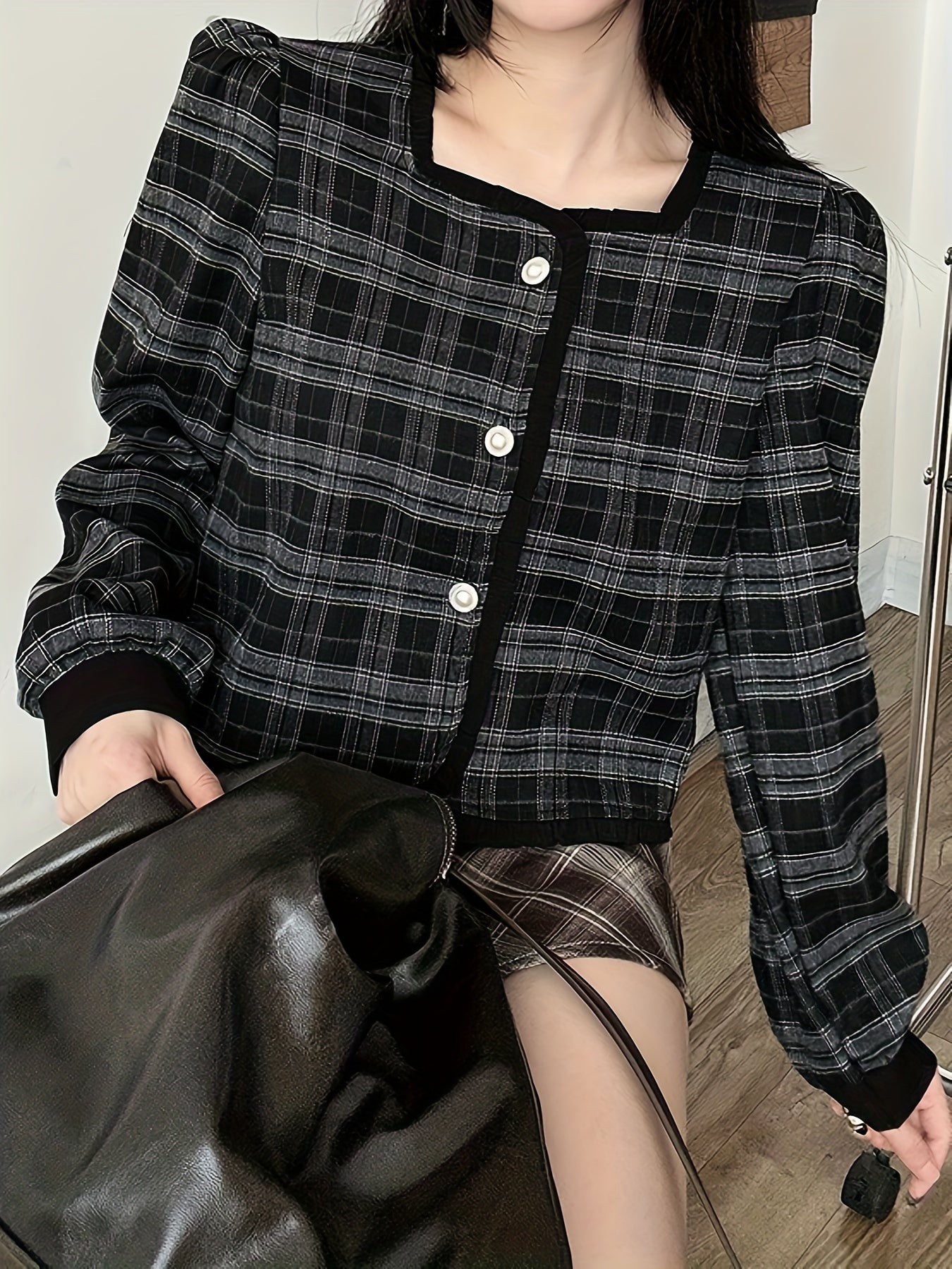 xieyinshe  Plaid Pattern Square Neck Shirt, Vintage Single Button Shirt For Spring & Fall, Women's Clothing