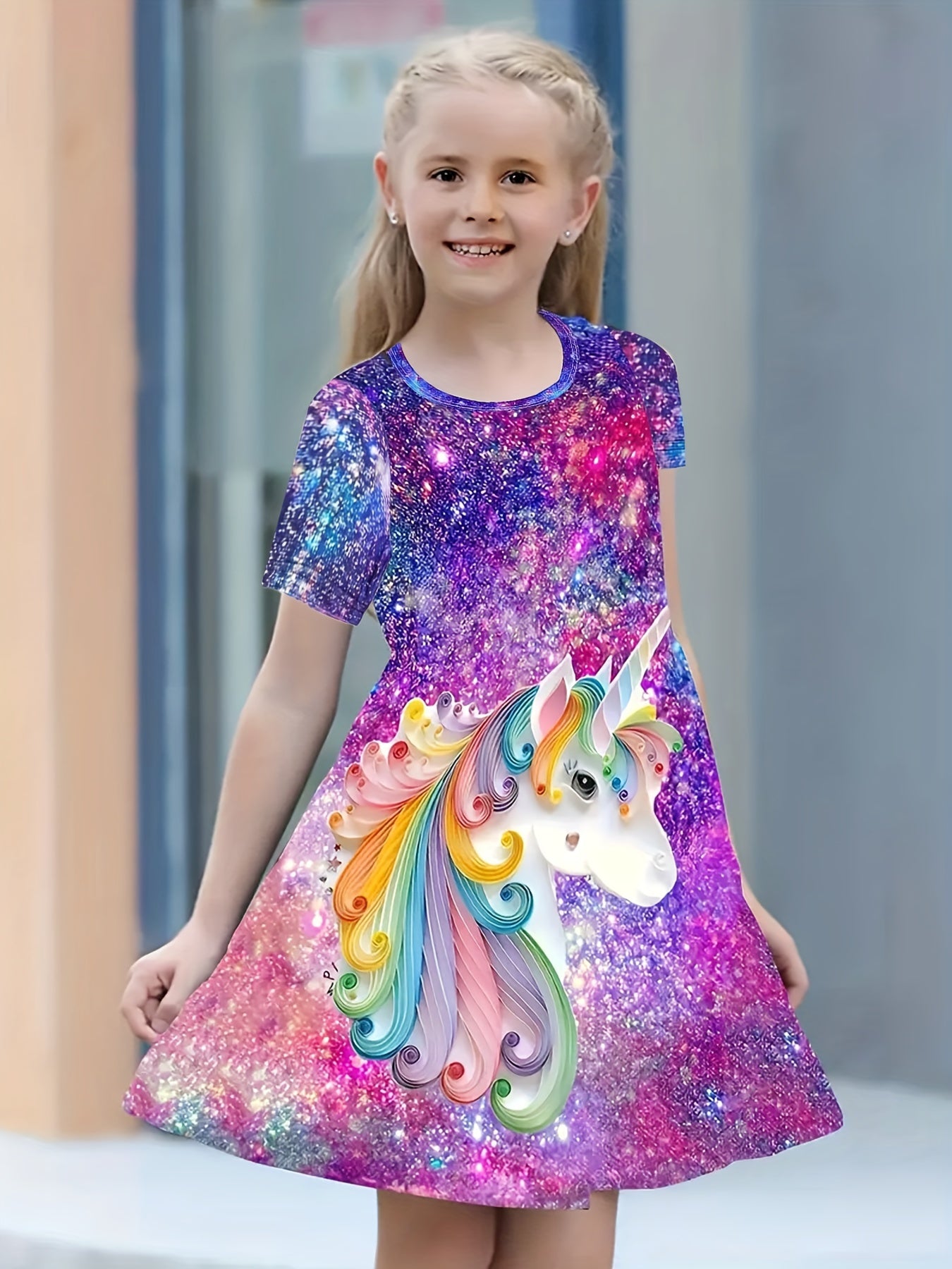 Midi Length Fitted Girls Starry Unicorn Digital Print Crew Neck Short Sleeve Casual Party Dress with Slight Stretch and Flared Hem