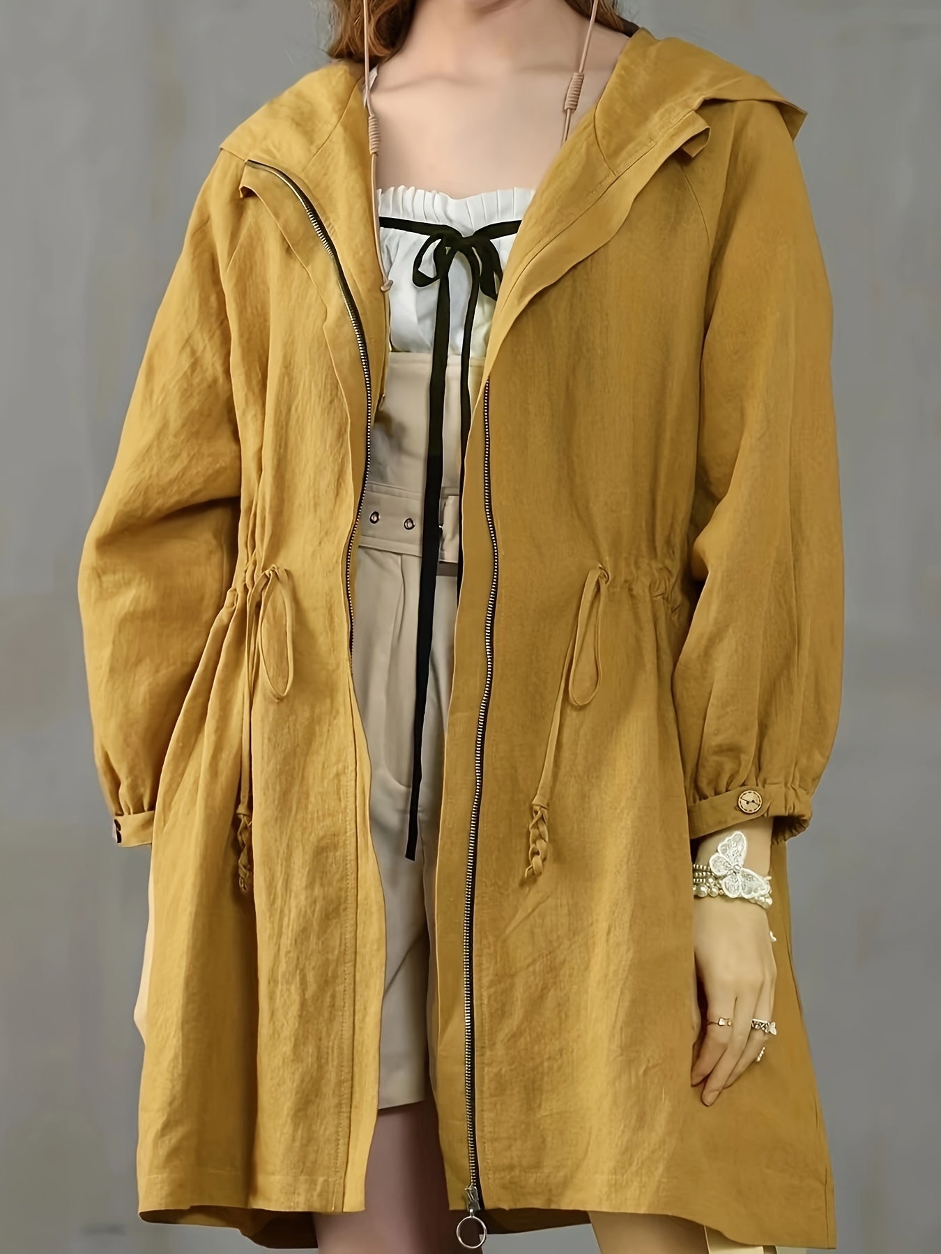 Plus Size Casual Trench Coat, Women's Plus Solid Drawstring Long Sleeve Zipper Hooded Trench Coat