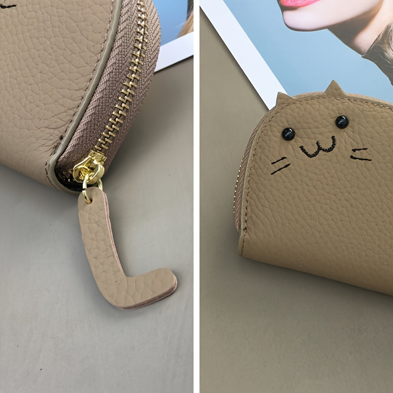 Compact & Chic Genuine Leather Cat-Design Wallet - Secure Zipper, Polyester Lined Coin Purse, and Sleek Card Holder