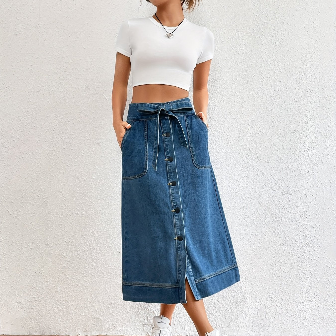 Blue Single Breasted Button Denim Midi Skirt, Non-Stretch Slant Pockets With Waistband Denim Skirt, Women's Denim Clothing