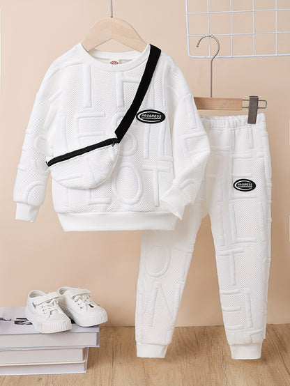 Boys Fall/Winter 2-Piece Set - Textured Lettered Pullover Sweatshirt, Ribbed Hem With Long Sleeve And Matching Striped Pants, Including Cute Crossbody Bag