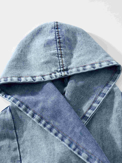 Belted Closure Elastic Band Cuff Denim Hooded Jackets, Elastic Belt Non Button Denim Coats, Women's Denim Jackets & Coats, Women's Clothing