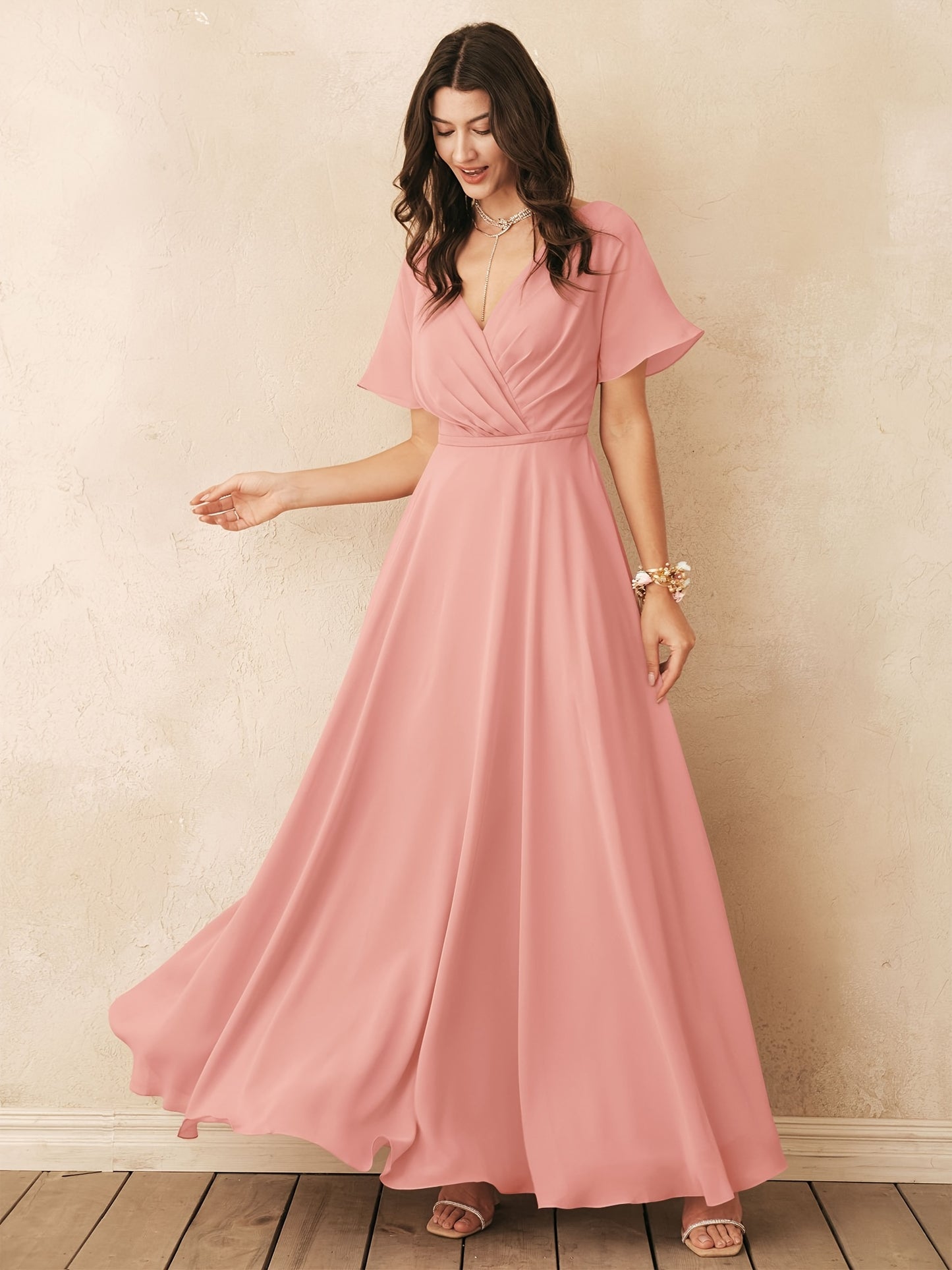 ALICEPUB Wrap V-Neck Bridesmaid Dress Chiffon Long Maxi Formal Dress For Women Party Evening Short Sleeves