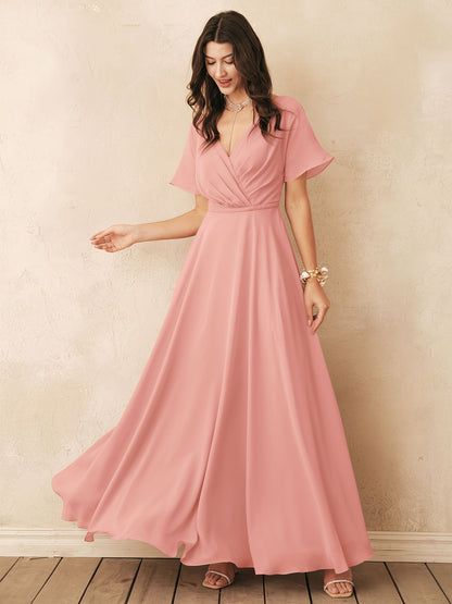 ALICEPUB Wrap V-Neck Bridesmaid Dress Chiffon Long Maxi Formal Dress For Women Party Evening Short Sleeves