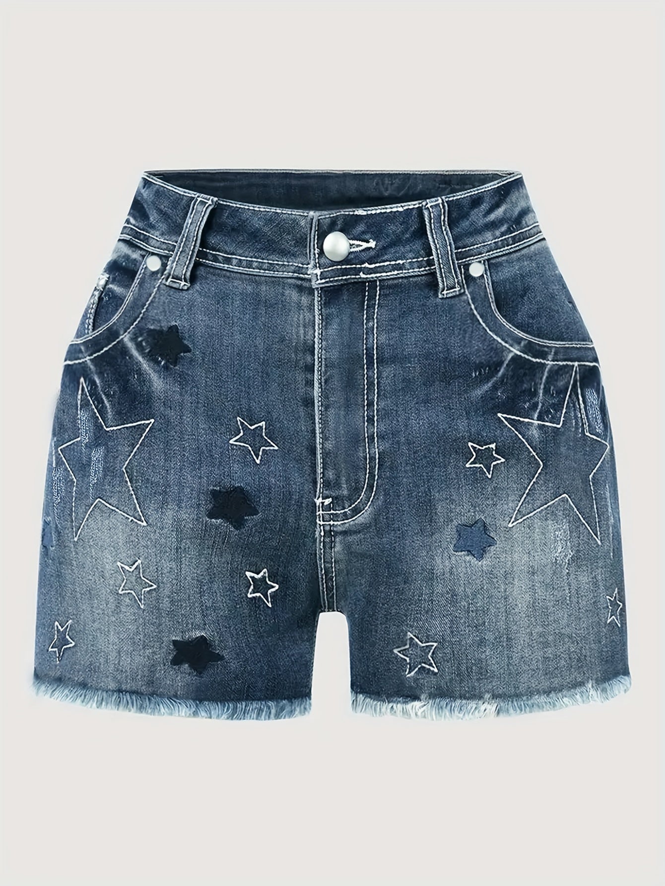 Y2K Chic Distressed Denim Shorts - Star Pattern, Raw Hem, Slash Pocket, Zipper Button Closure, Ripped Details - Women's Fashionable Jeans & Clothing for Casual Summer Outings