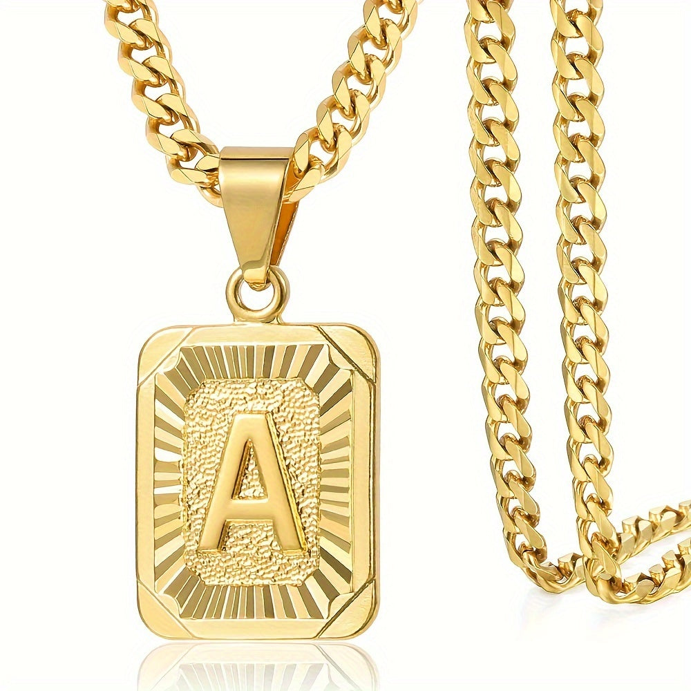 Initial Letter Square Pendant Necklace For Men And Women, 26 Alphabet Options, Simple Style Fashion Jewelry With Cuban Curb Chain