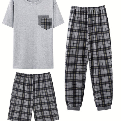 3pcs Men's 100% Cotton Pajama Set, Short Sleeve Crew Neck Front Pocket Top & Classic Plaid Shorts & Trouser Nightwear Loungewear, Casual & Stylish PJ Outfits For Men