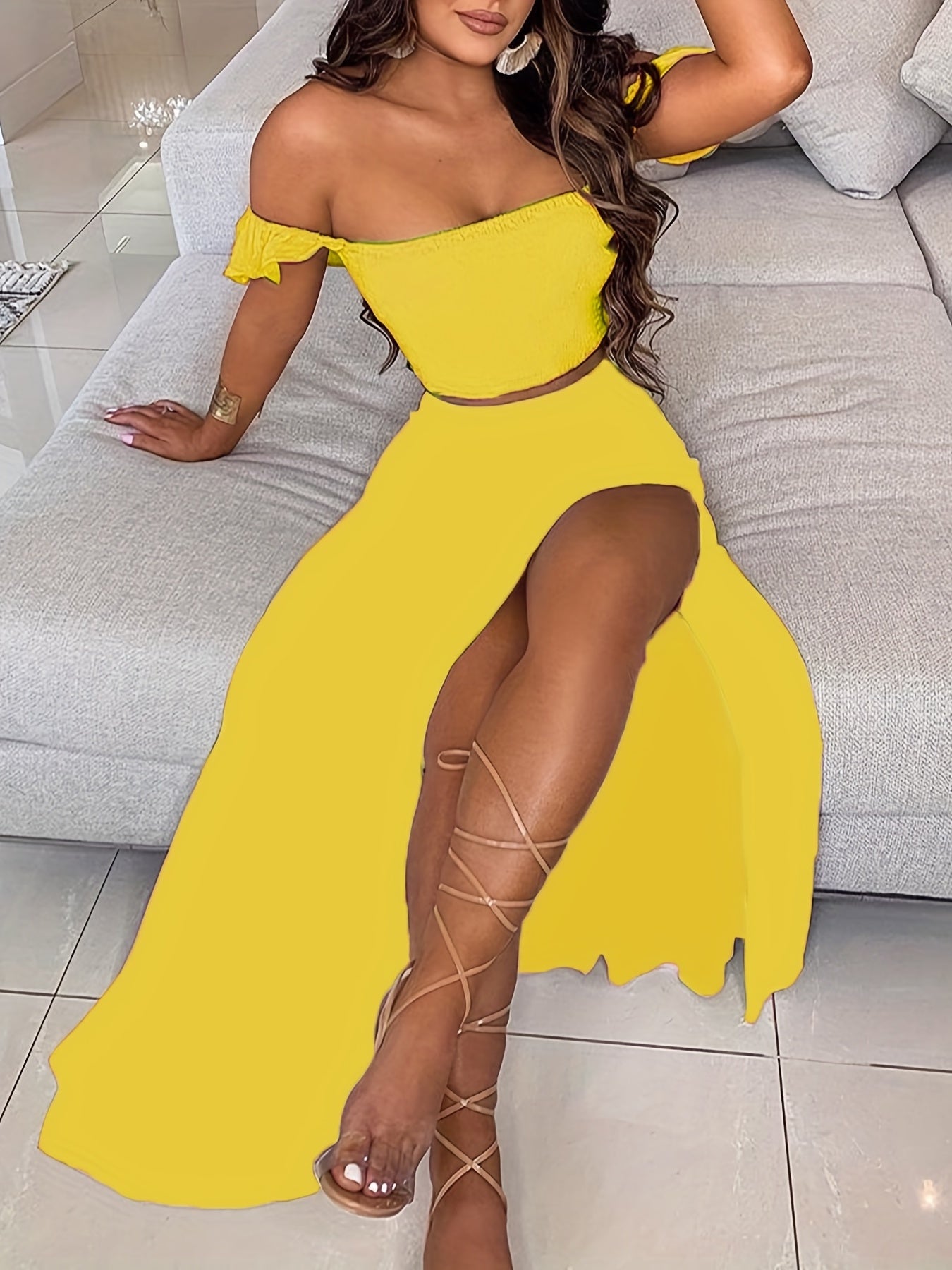 Boho Solid Bodycon 2 Pieces Set, Off Shoulder Smocked Tube Top & High Waist Split Thigh Maxi Skirts Outfits, Women's Clothing