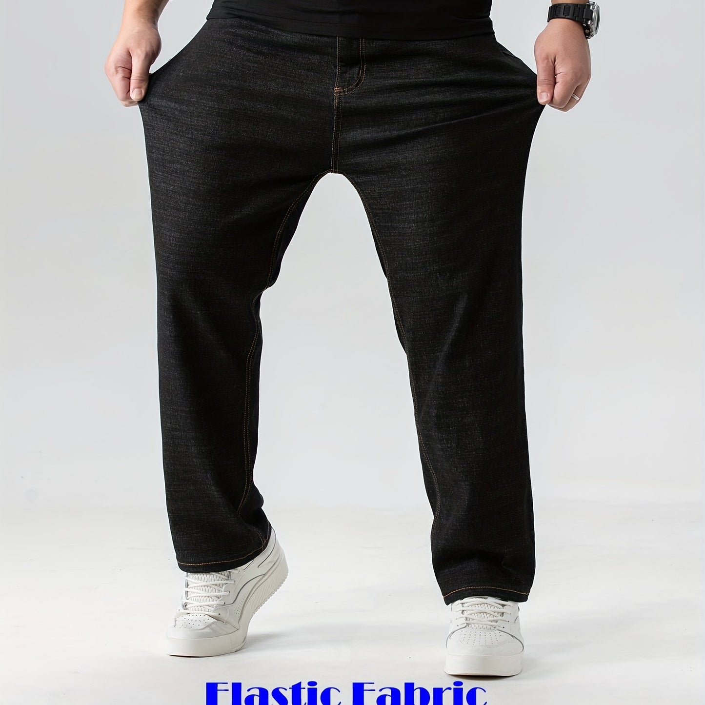 xieyinshe Plus Size Men Straight Leg Denim Long Pants, Loose Oversized Solid Color Jeans Fot Casual Business