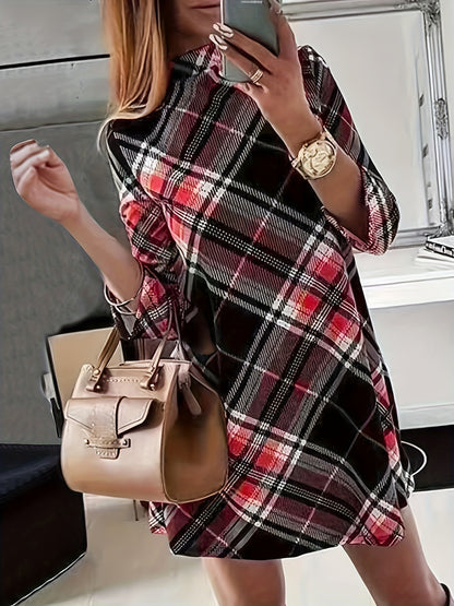 xieyinshe Plus Size Casual Dress, Women's Plus Plaid Print Half Sleeve Mock Neck Slight Stretch Mini Dress