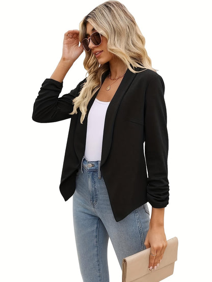 Ruched Solid Blazer, Casual Open Front Work Office Outerwear, Women's Clothing