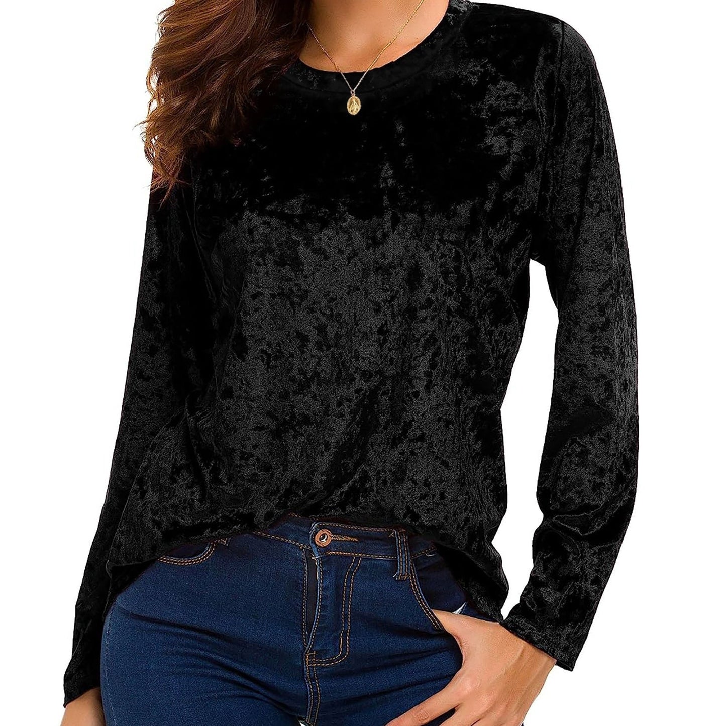 xieyinshe  Solid Color Velvet Top, Casual Long Sleeve Crew Neck Top For Fall & Winter, Women's Clothing