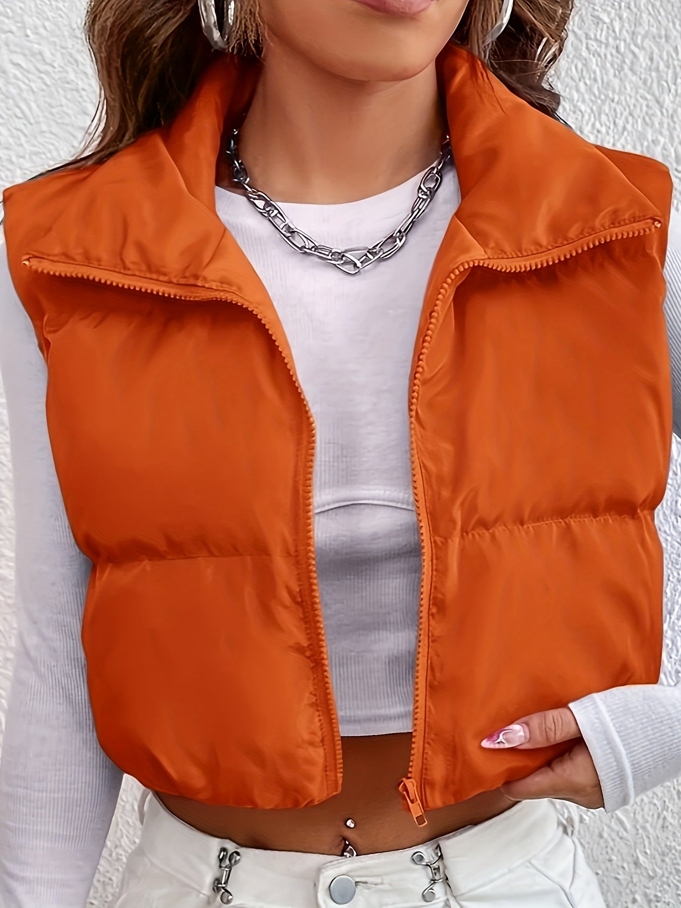 xieyinshe  High Neck Zip Up Vest Coat, Casual Solid Sleeveless Outerwear, Women's Clothing