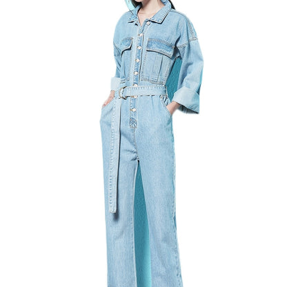 Blue Elastic Band Waist Denim Jumsuit, Long Sleeve Flap Pockets Loose Fit Closure Button Denim Overalls, Women's Denim & Clothing