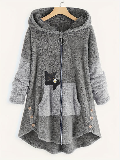 xieyinshe Plus Size Colorblock Cartoon Cat Print Hoodie Zip Up Fuzzy Coat, Women's Plus Slight Stretch Casual Warm Coat