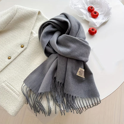 Letter Patched Winter Scarf, Tassel Trim Fashion Windproof Neck Cover Casual Warm Shawl Scarf For Women Winter Gift For Music Festival