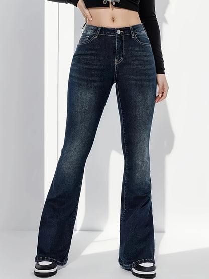 xieyinshe  Plain Whiskering Flare Leg Jeans, High Stretch Slash Pocket Elegant Denim Pants, Women's Denim Jeans & Clothing