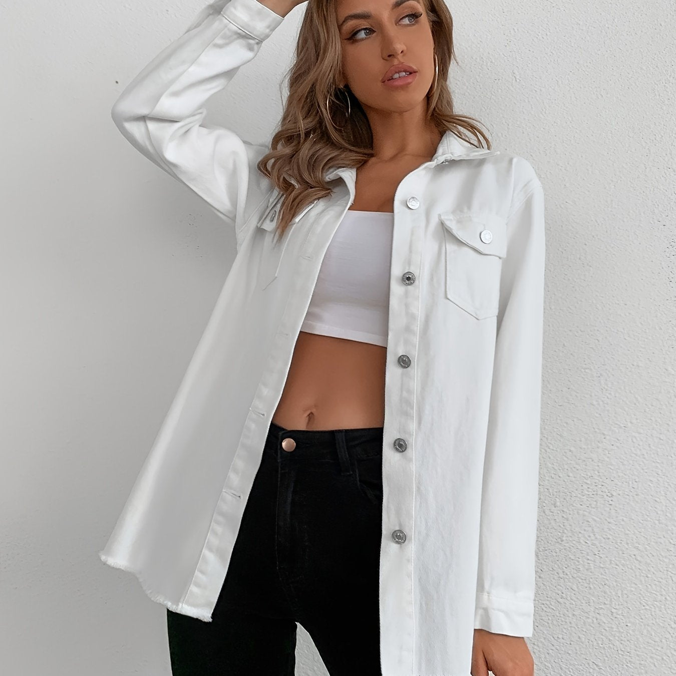 White Raw Hem Denim Coats, Long Sleeves Single-Breasted Button Flap Pockets Lapel Denim Jackets, Women's Denim Clothing