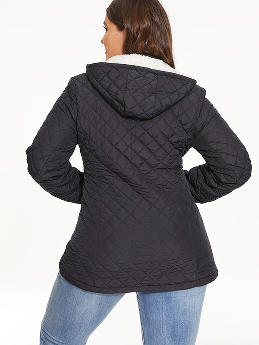 xieyinshe  Plus Size Casual Coat, Women's Plus Solid Quilted Liner Fleece Long Sleeve Hooded Zipper Coat For Fall & Winter, Women's Clothing