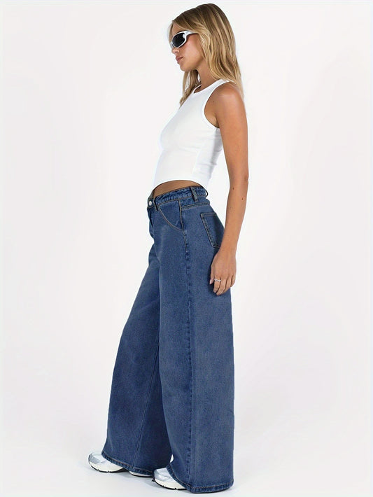xieyinshe Plain Slash Pocket Wide Leg Jeans, Casual Loose Fit High Rise Denim Pants, Women's Denim Jeans & Clothing