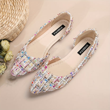 Women's Elegant Pointed Toe Flats, Side Cut-out Slip On Tweed Shoes, Comfy Soft Sole Flat Shoes