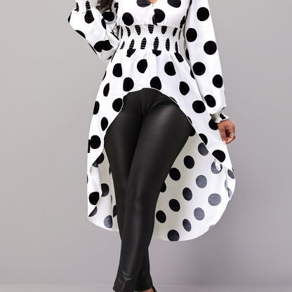 Asymmetrical Polka Dot Blouse, Long Sleeve V-neck Blouse, Casual Every Day Tops, Women's Clothing