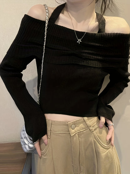 Solid Color Halter Neck Pullover Sweater, Casual Long Sleeve Off Shoulder Sweater For Fall & Winter, Women's Clothing