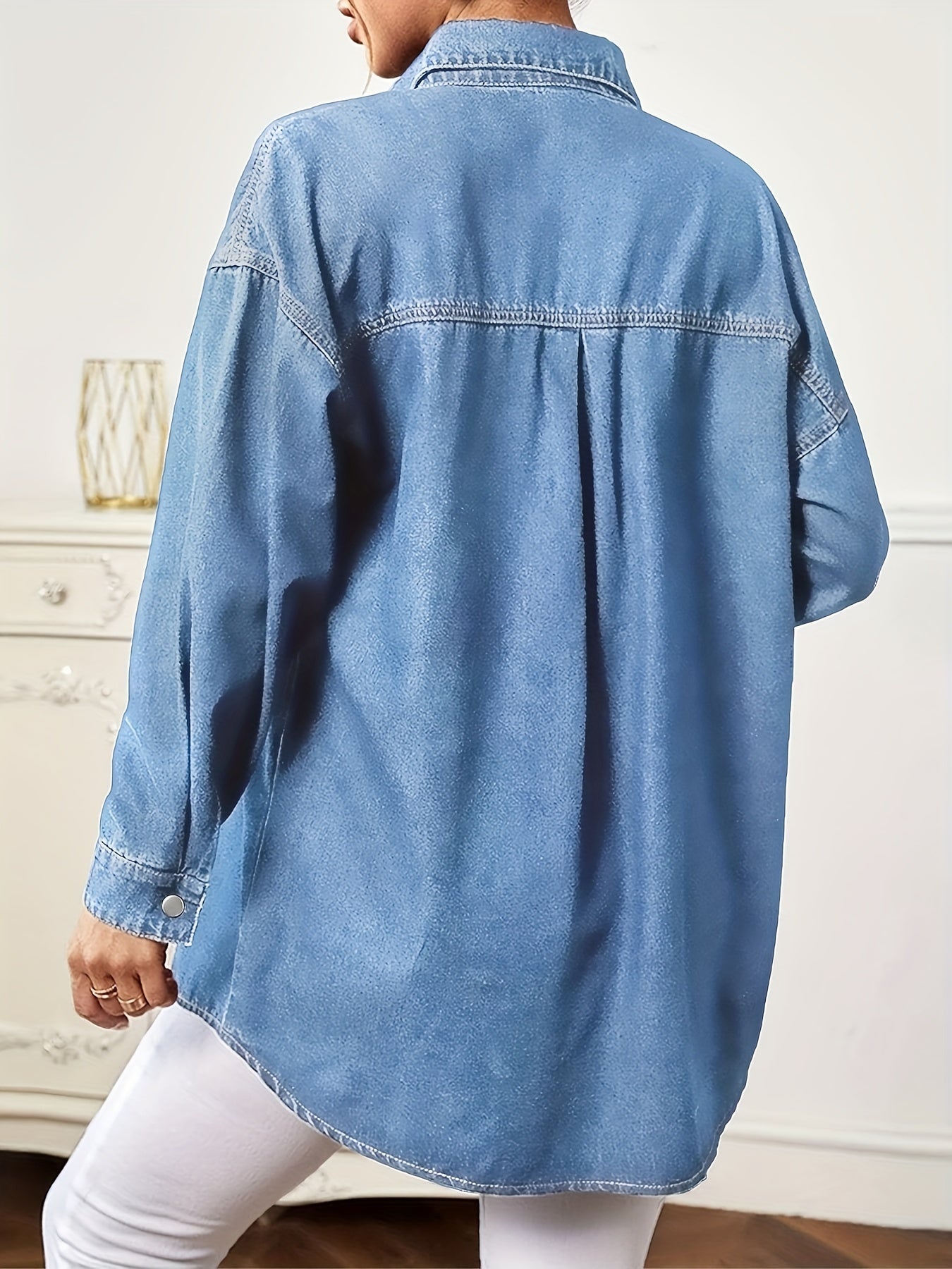 Oversized Flap Pocket Denim Jackets, Button Closure Long Sleeve Denim Shirts, Women's Denim Clothing